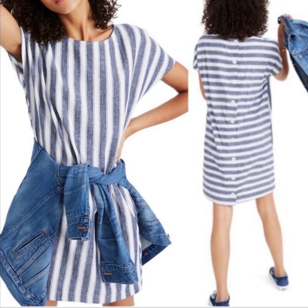 Madewell Linen Button-Back Stripe Dress